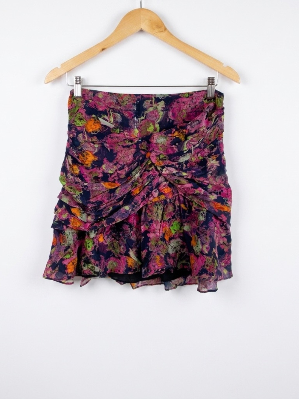 IRO Paris Nuada Ruched Floral Mini Skirt Ruffle Draped Silk-Feel Sz 40/US 8 $330